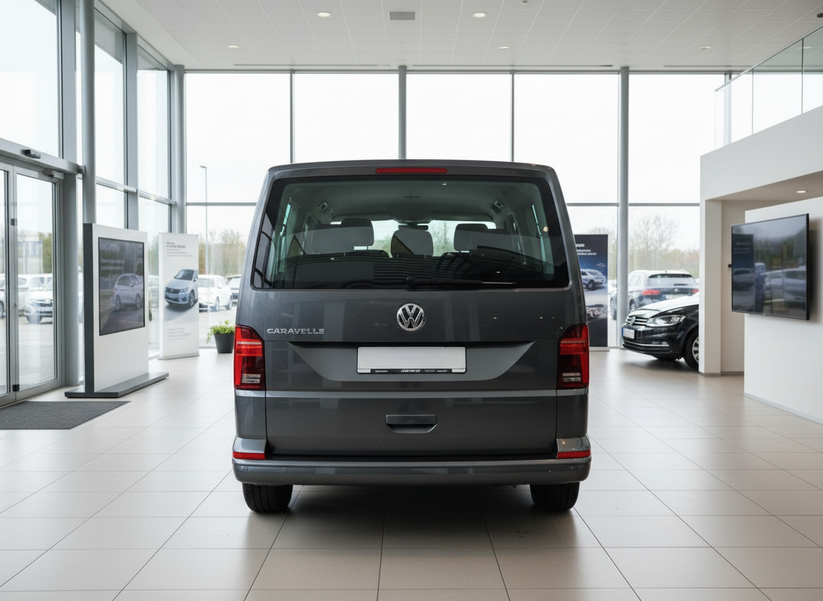 Volkswagen Caravelle T6 grau Heckansicht im Autohaus Showroom