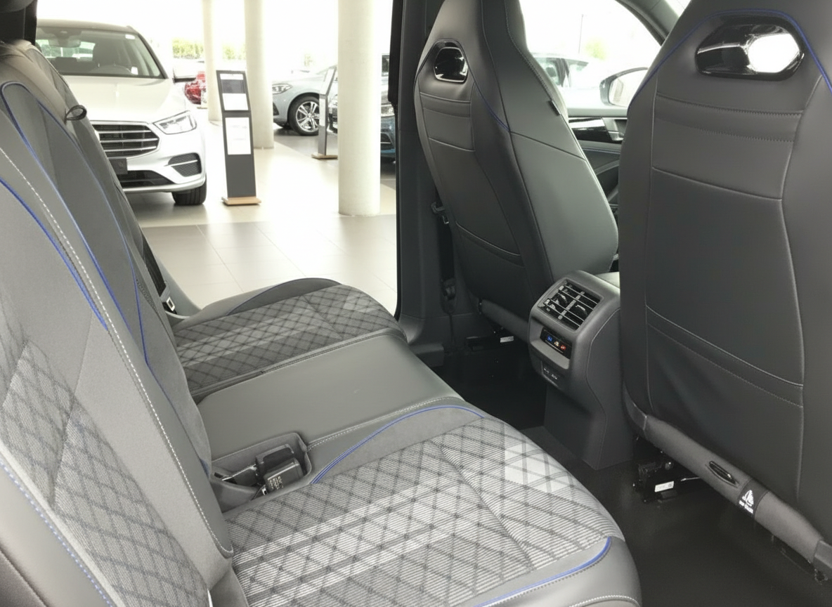 Fahrzeug-Innenraum Rücksitzbank mit blauer Ziernaht und Rautenmuster-Polsterung im Autohaus