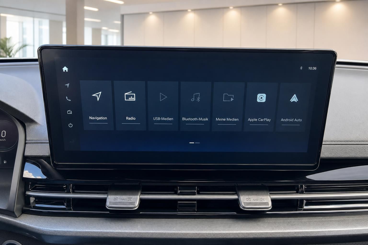 Infotainment-Bildschirm mit Navigation, Radio und Apple CarPlay im Auto