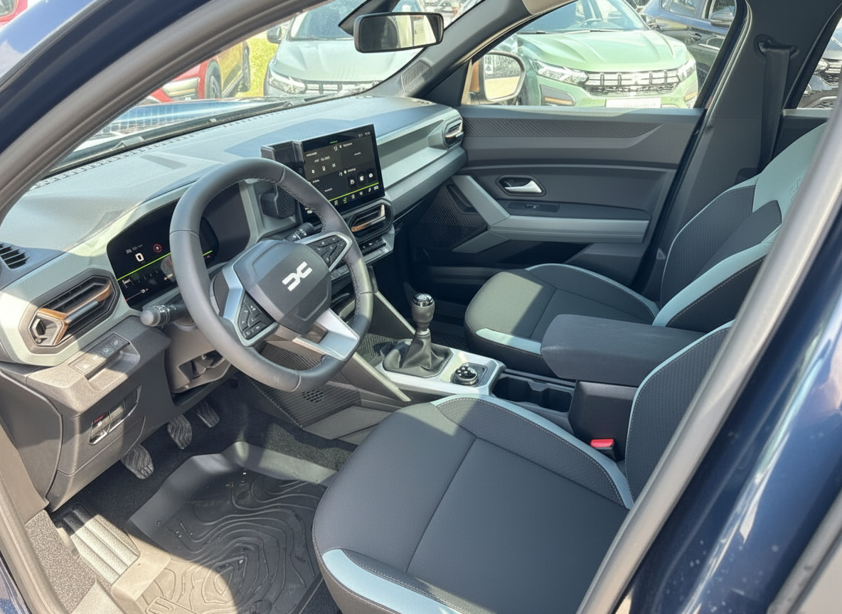 Dacia Innenraum mit Lederlenkrad, Infotainment-Display und Schaltgetriebe in modernem SUV