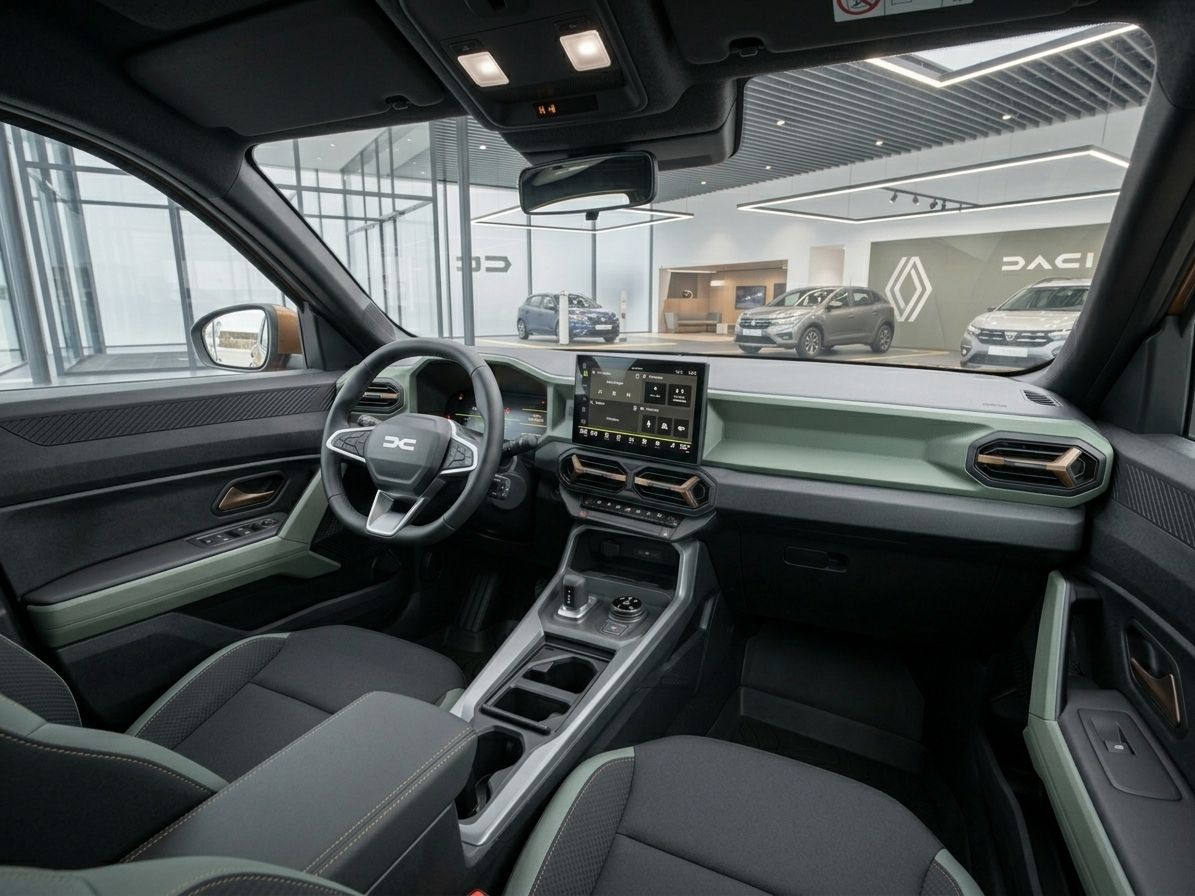 Moderner Fahrzeug-Innenraum mit grünem Armaturenbrett und Touchscreen-Display