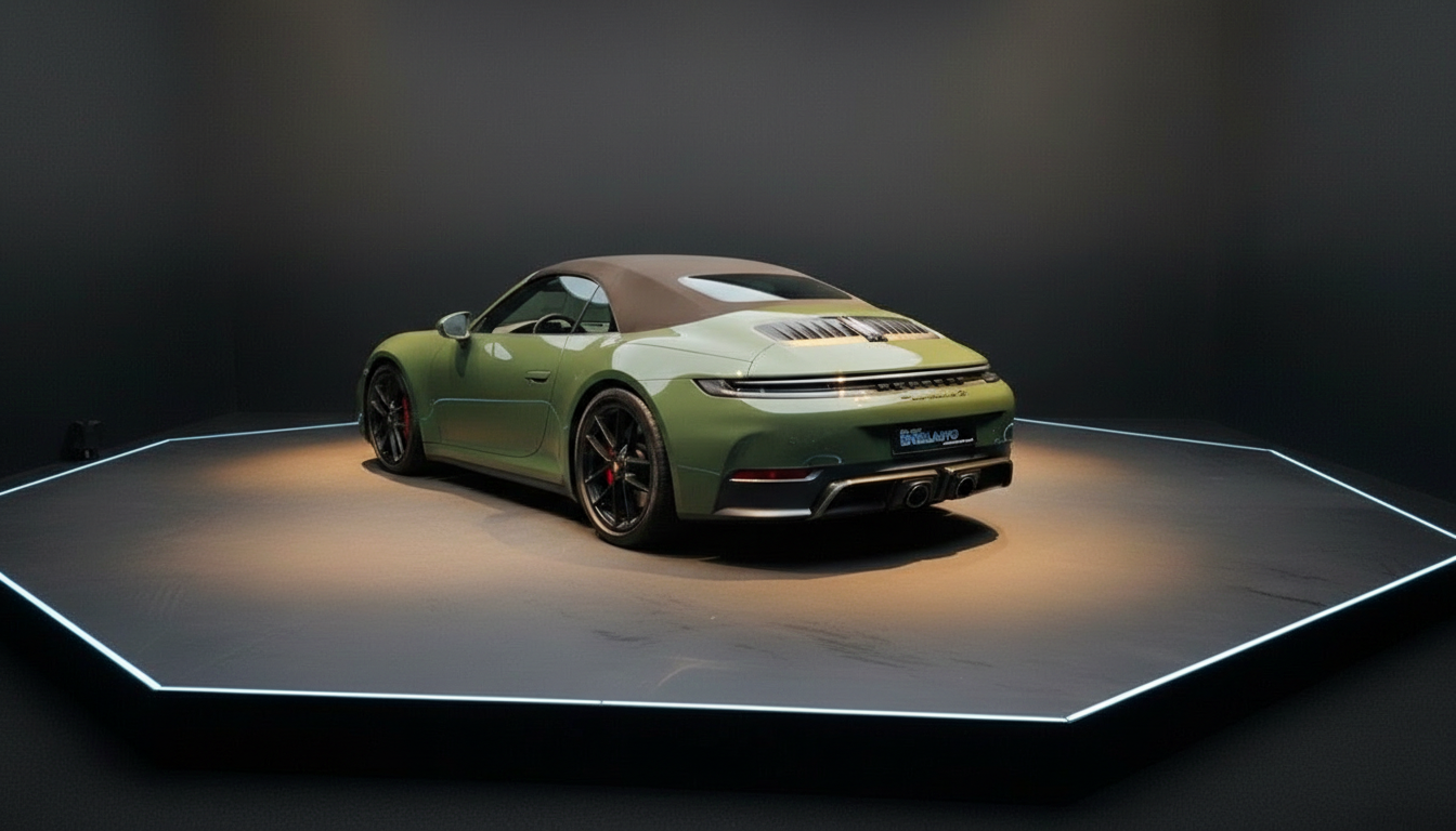 Porsche 911 Carrera Cabriolet in Olivgrün auf Ausstellungsplattform, Heckansicht