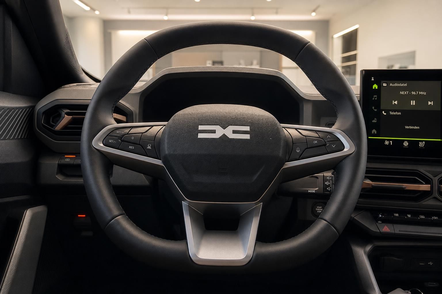 Lenkrad mit Multifunktionstasten und Infotainment-Display im Cockpit