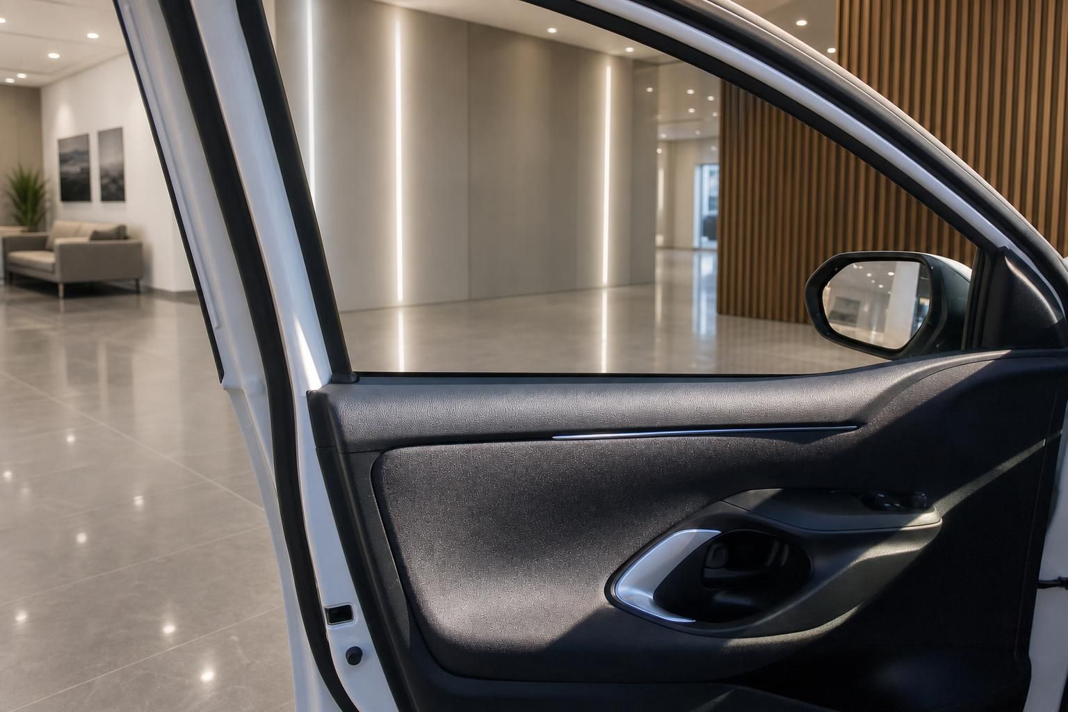 Blick durch geoeffnete Fahrertuer auf Innenausstattung im Autohaus