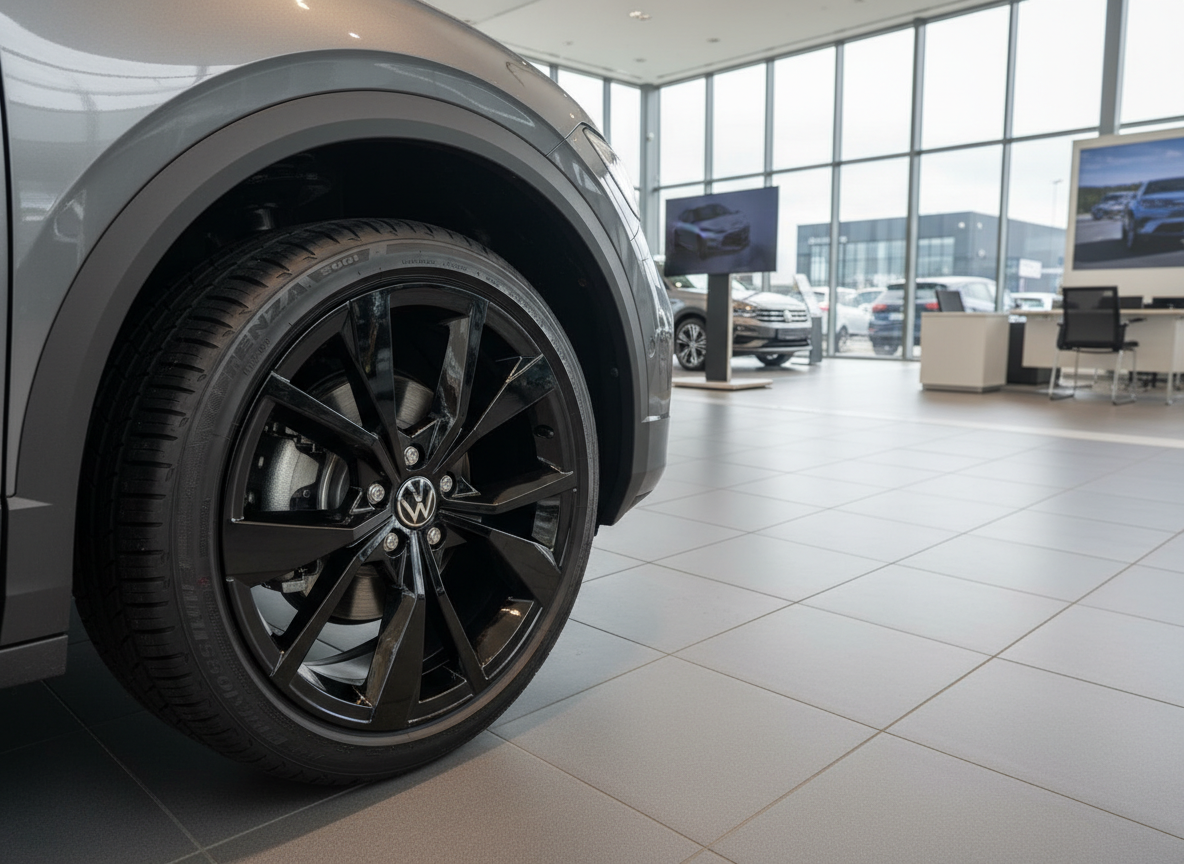 Volkswagen SUV mit schwarzen Leichtmetallfelgen im VW-Autohaus Showroom