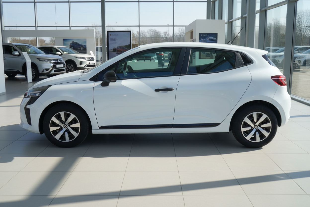 Weißer Renault Clio Fünftürer in Autohaus-Showroom, Seitenansicht