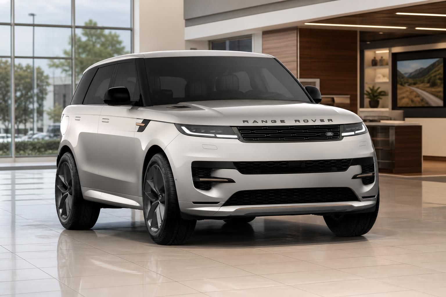 Range Rover Sport in Silber Frontansicht im modernen Autohaus