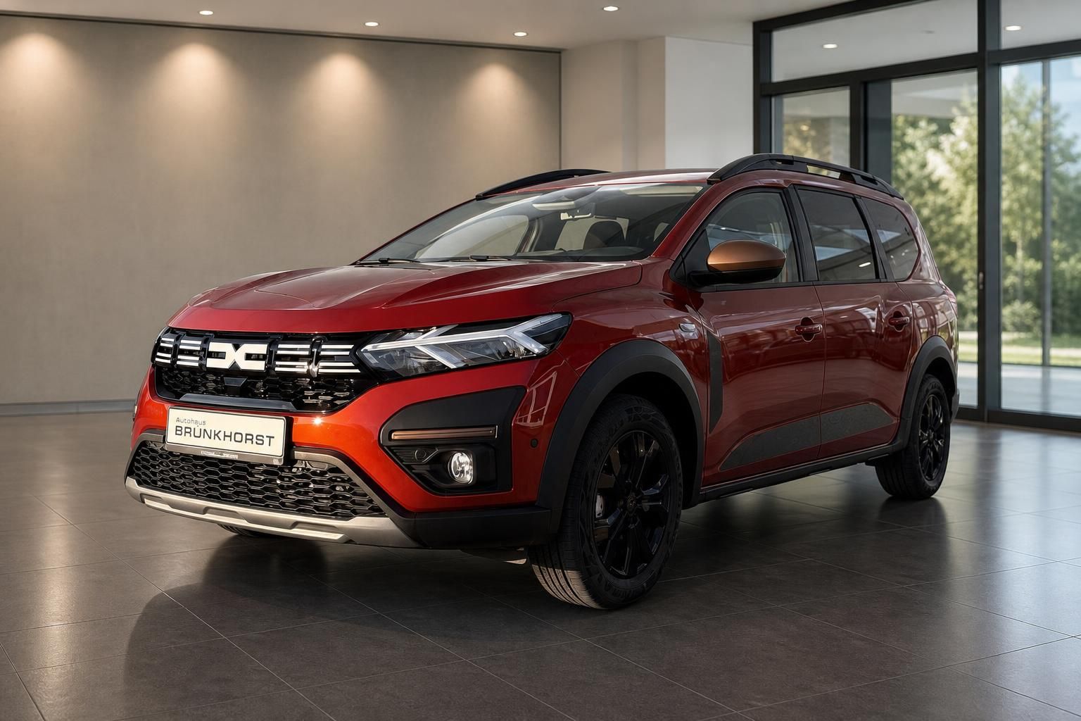 Roter Dacia SUV Frontansicht im Autohaus Showroom mit schwarzen Felgen