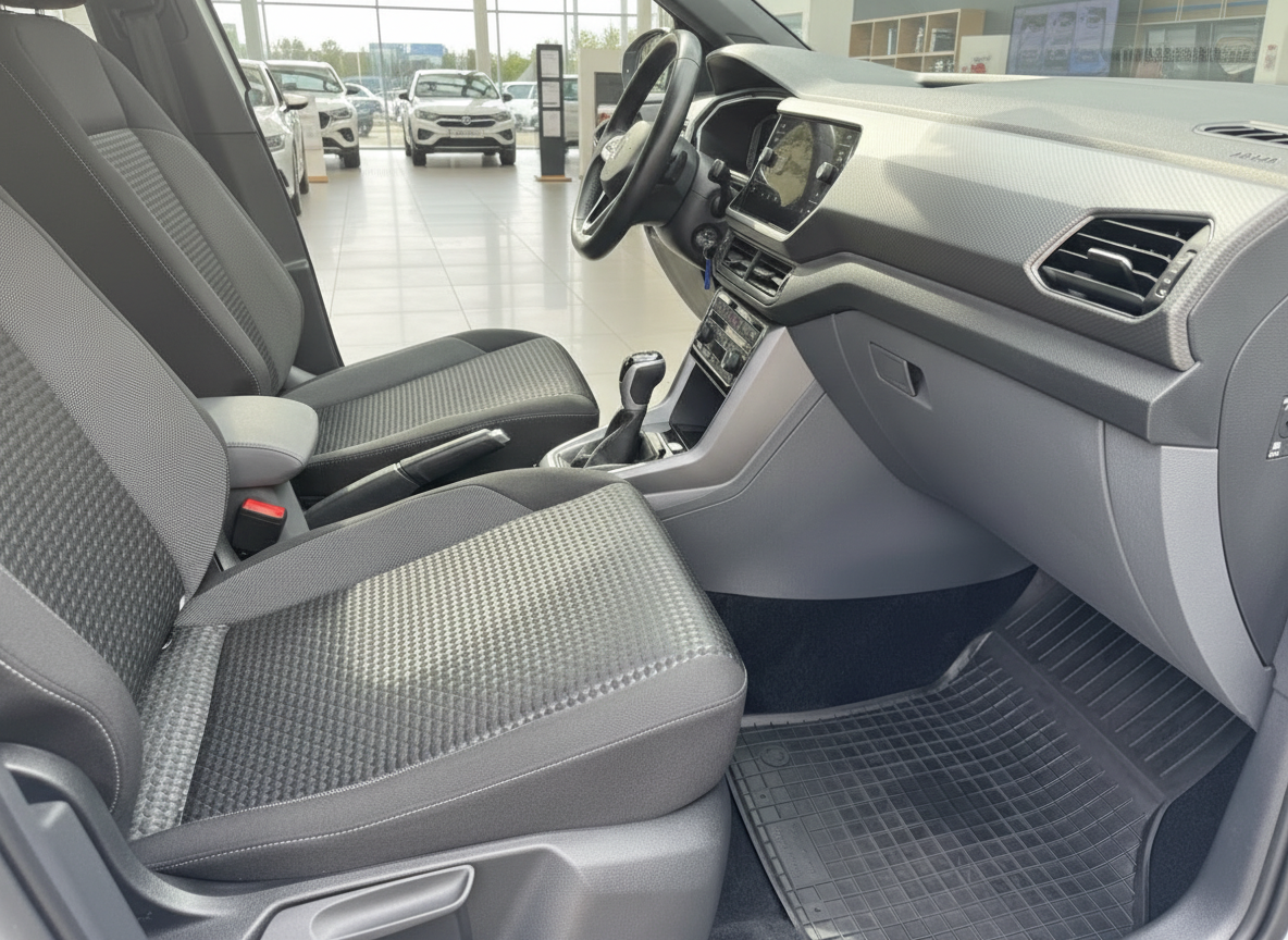 Hyundai Fahrzeuginnenraum mit grauen Stofssitzen, Automatikgetriebe und digitalem Cockpit im Autohaus