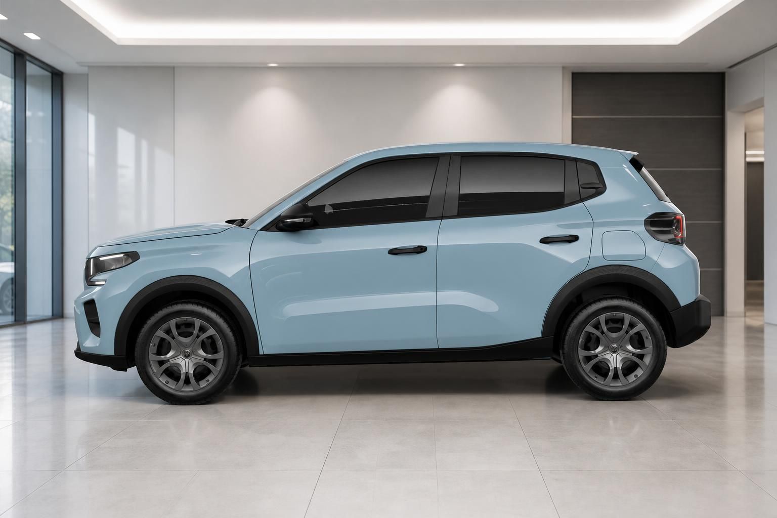 Citroën ë-C3 in Hellblau, Seitenansicht im Showroom
