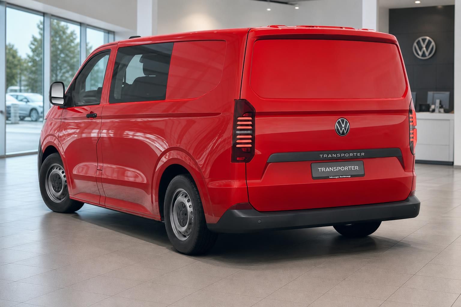 VW Transporter rot: Heckansicht mit VW Logo im Showroom