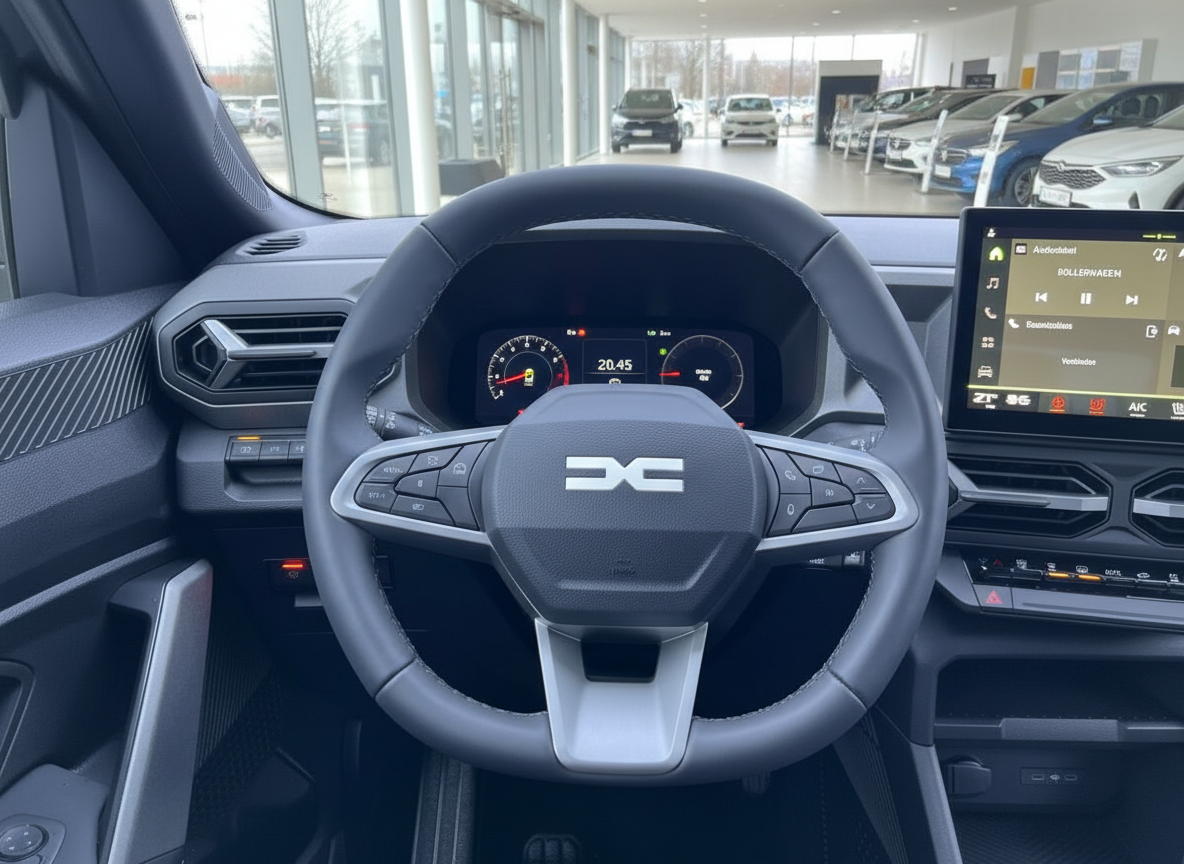 Dacia Innenraum mit Lenkrad, digitalem Cockpit und Infotainment-Touchscreen im Autohaus