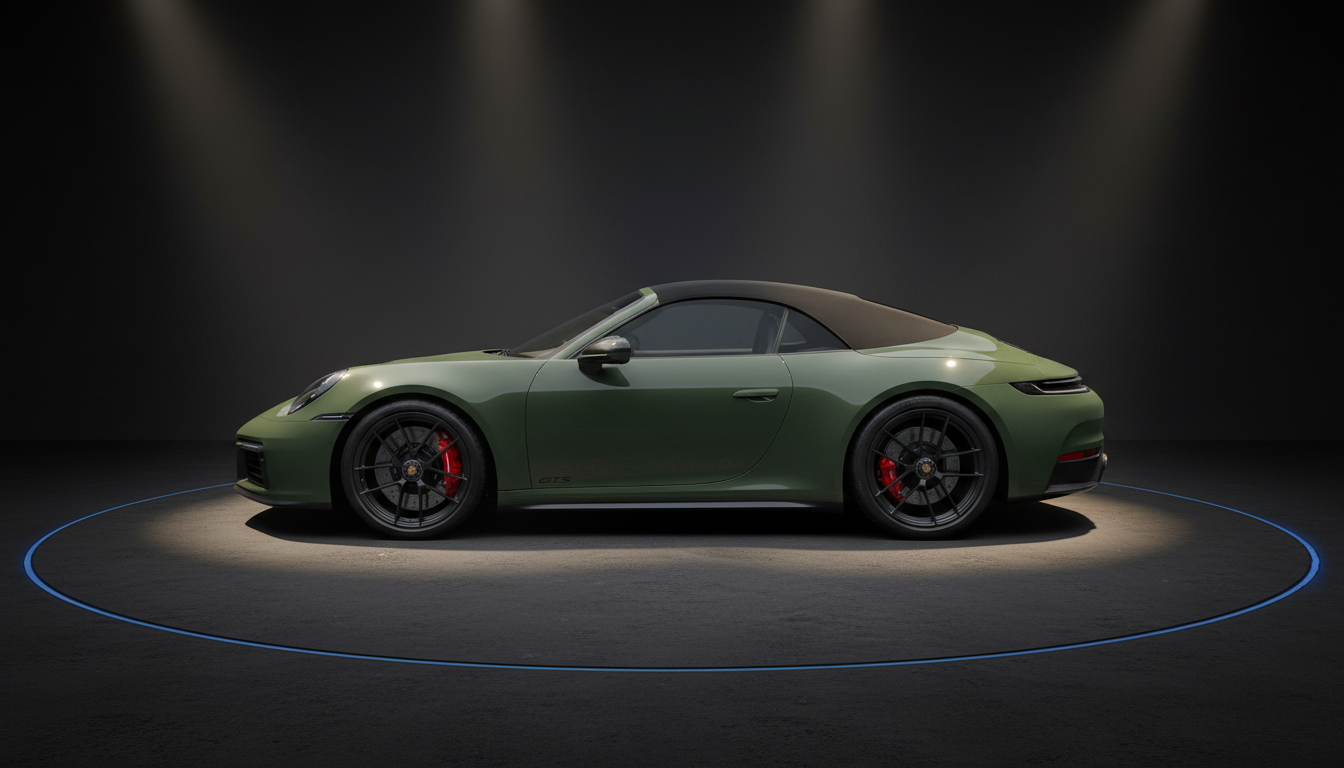 Porsche 911 GTS Cabriolet in Olivgrün mit braunem Stoffverdeck, schwarzen Felgen und roten Bremsscheiben in dramatischer Studiobeleuchtung auf dunklem Hintergrund – Seitenansicht