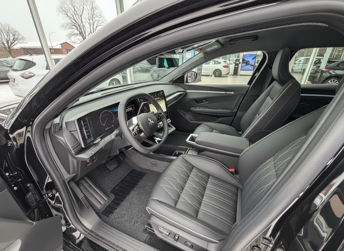 Mitsubishi Innenraum mit schwarzem Leder, digitalem Cockpit und Touchscreen-Infotainment