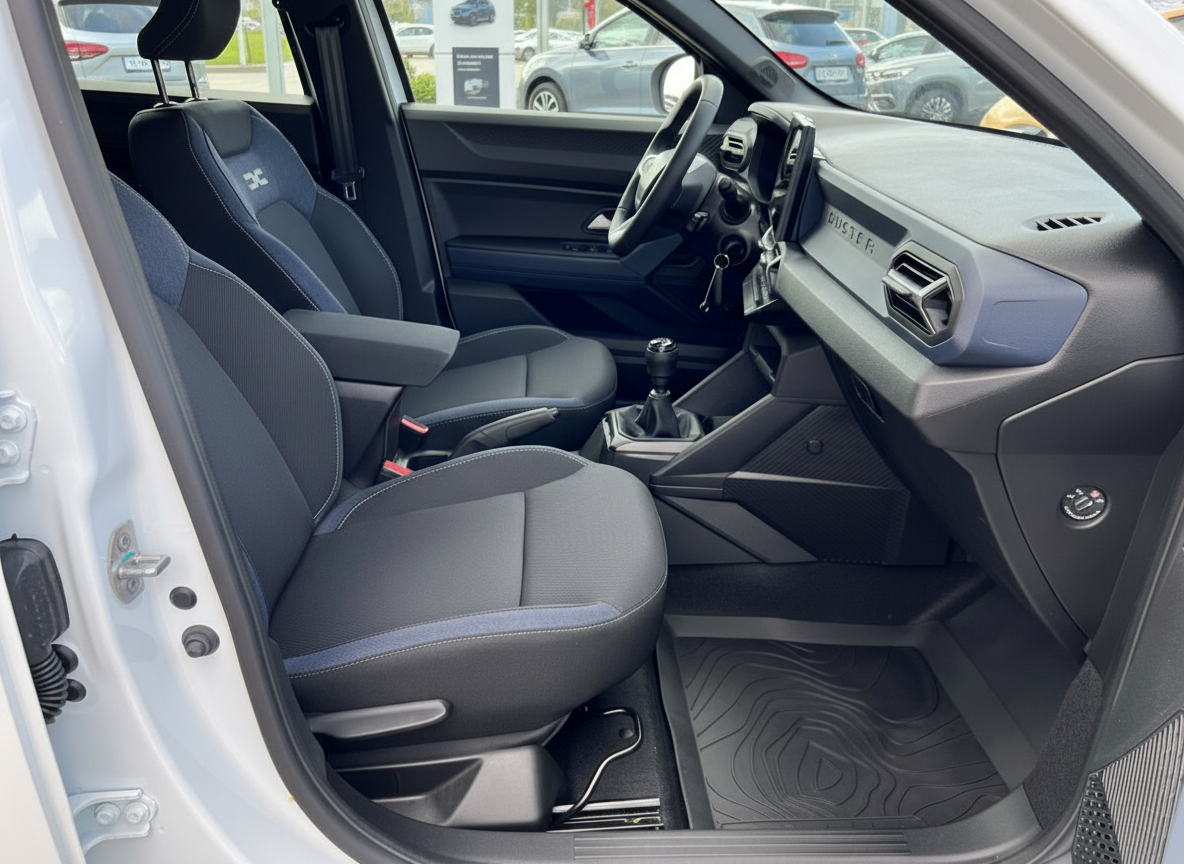 Dacia Duster Innenraum mit schwarzen Stoffsitzen, Mittelkonsole und Schaltgetriebe