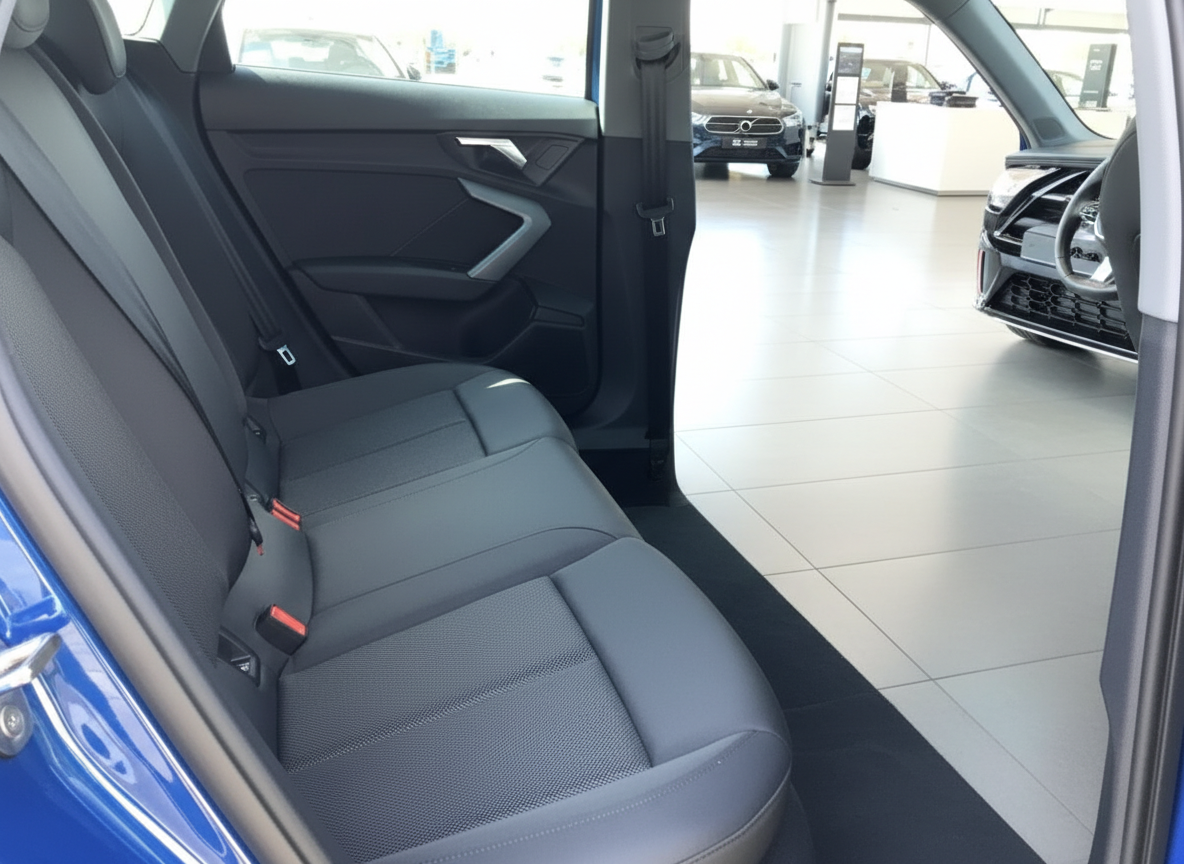 Innenraum Rücksitzbank eines blauen Fahrzeugs im Autohaus mit dunkler Polsterung