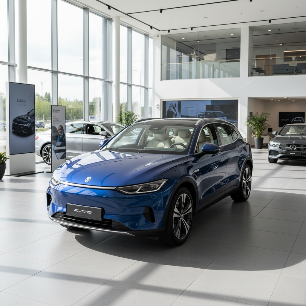 Blauer SUV im modernen Autohaus-Showroom, Frontansicht mit hellem Innenraum