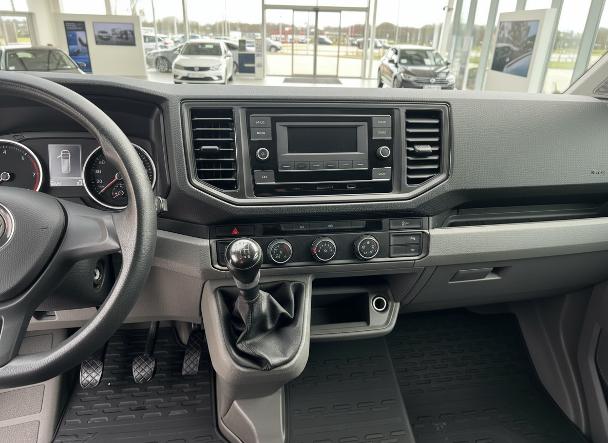 VW Crafter Innenraum mit Schaltgetriebe, Armaturenbrett und Infotainmentsystem im Autohaus