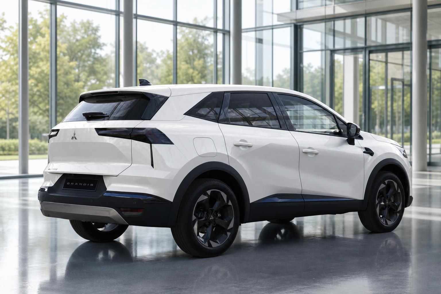 Mitsubishi Grandis SUV in Weiß – Heckansicht schräg, moderne Designstudie in hellem Showroom
