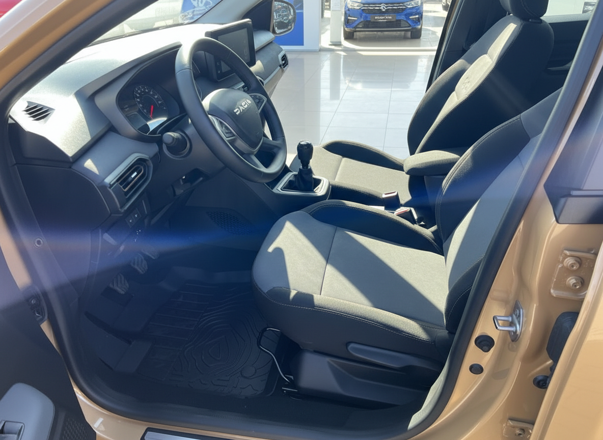 Dacia Innenraum Fahrersitz mit Lenkrad, Schaltknauf und Stoffsitzen im Autohaus