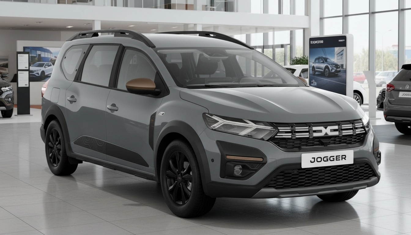 Dacia Jogger in Grau im Autohaus Showroom – Frontansicht schräg links