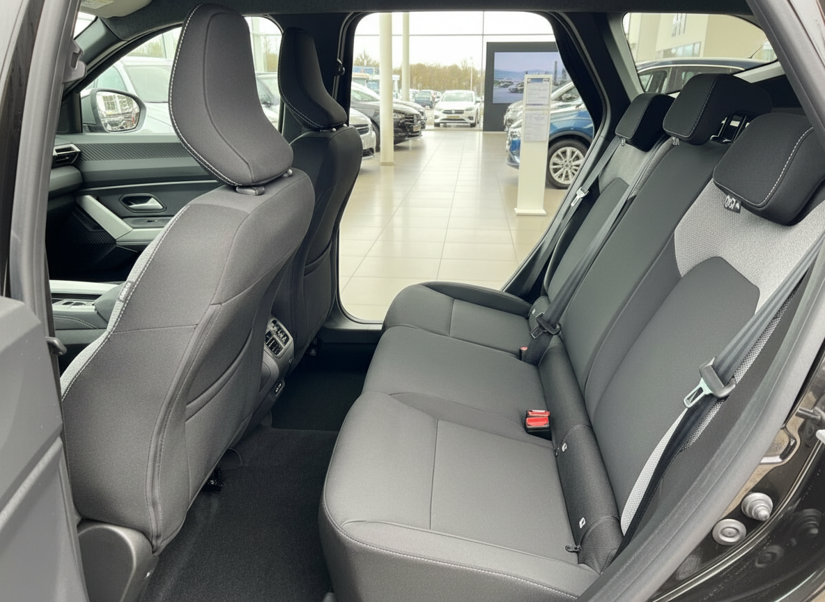 Innenraum Rücksitzbank SUV mit schwarzen Stofssitzen und Sicherheitsgurten im Autohaus