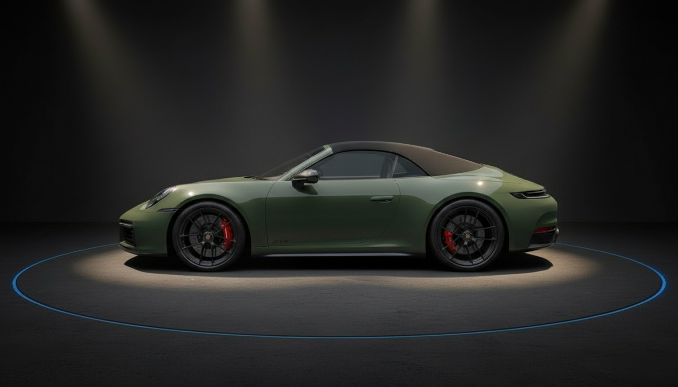 Porsche 911 Cabriolet in Olivgrün mit braunem Softtop und roten Bremssätteln, Seitenansicht