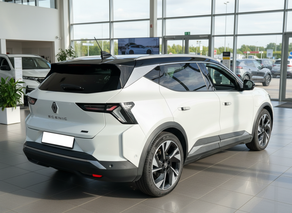 Renault Scenic E-Tech Electric SUV in Weiß, Heckansicht im Autohaus-Showroom