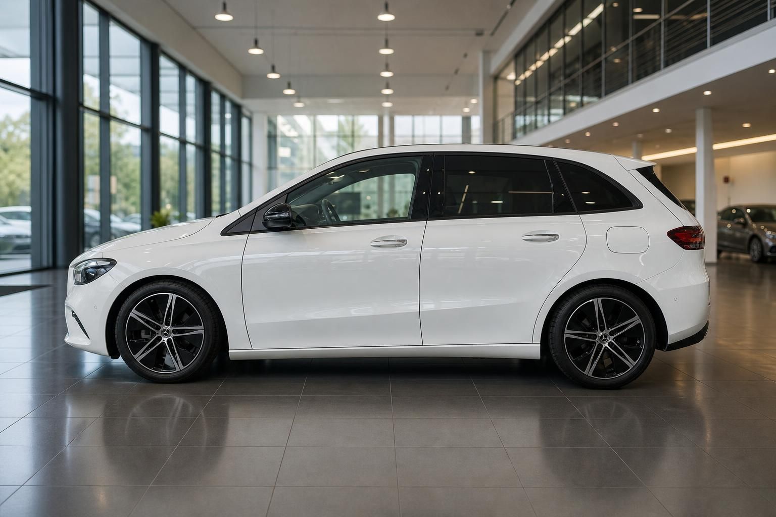 Mercedes-Benz B-Klasse weiß Seitenansicht im Autohaus Showroom