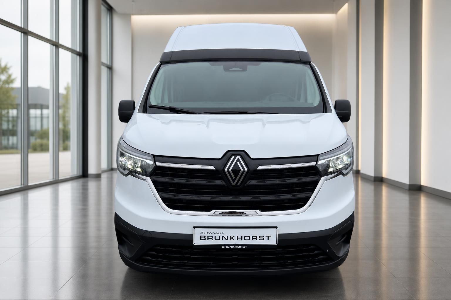 Renault Trafic Kastenwagen weiss Frontansicht - moderne LED-Scheinwerfer und Kühlergrill