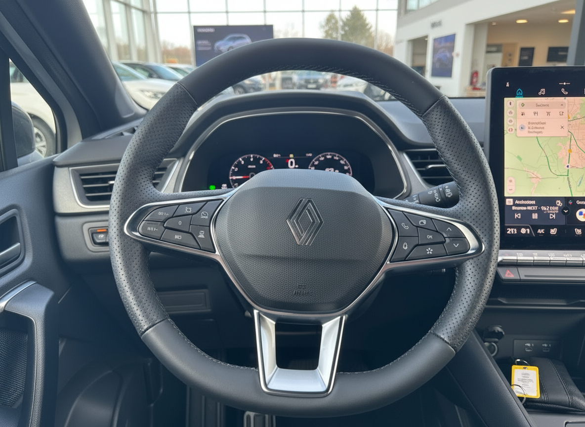 Renault Innenraum mit Lederlenkrad, digitalem Cockpit und Navigationssystem im Autohaus
