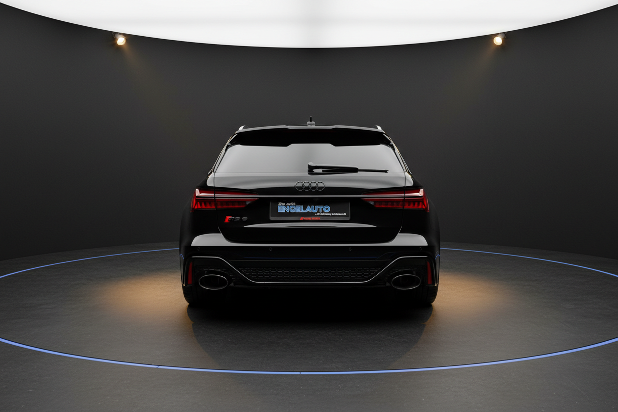 Schwarzer Audi RS6 Avant Heckansicht im Showroom mit LED-Rückleuchten und ovalen Auspuffendrohren bei Engelauto Händler