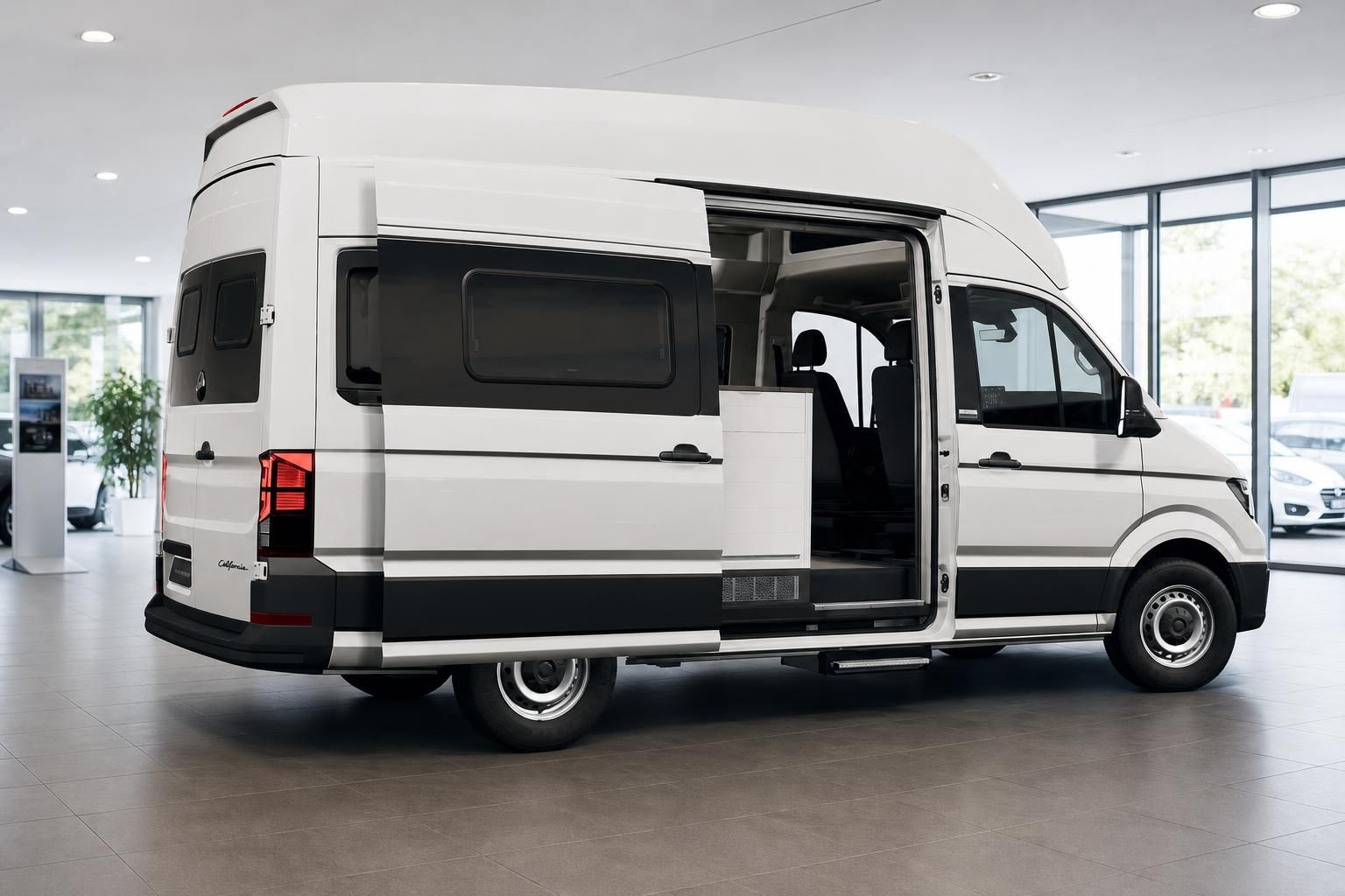 VW Grand California Seitenansicht mit geoeffneter Schiebetuer
