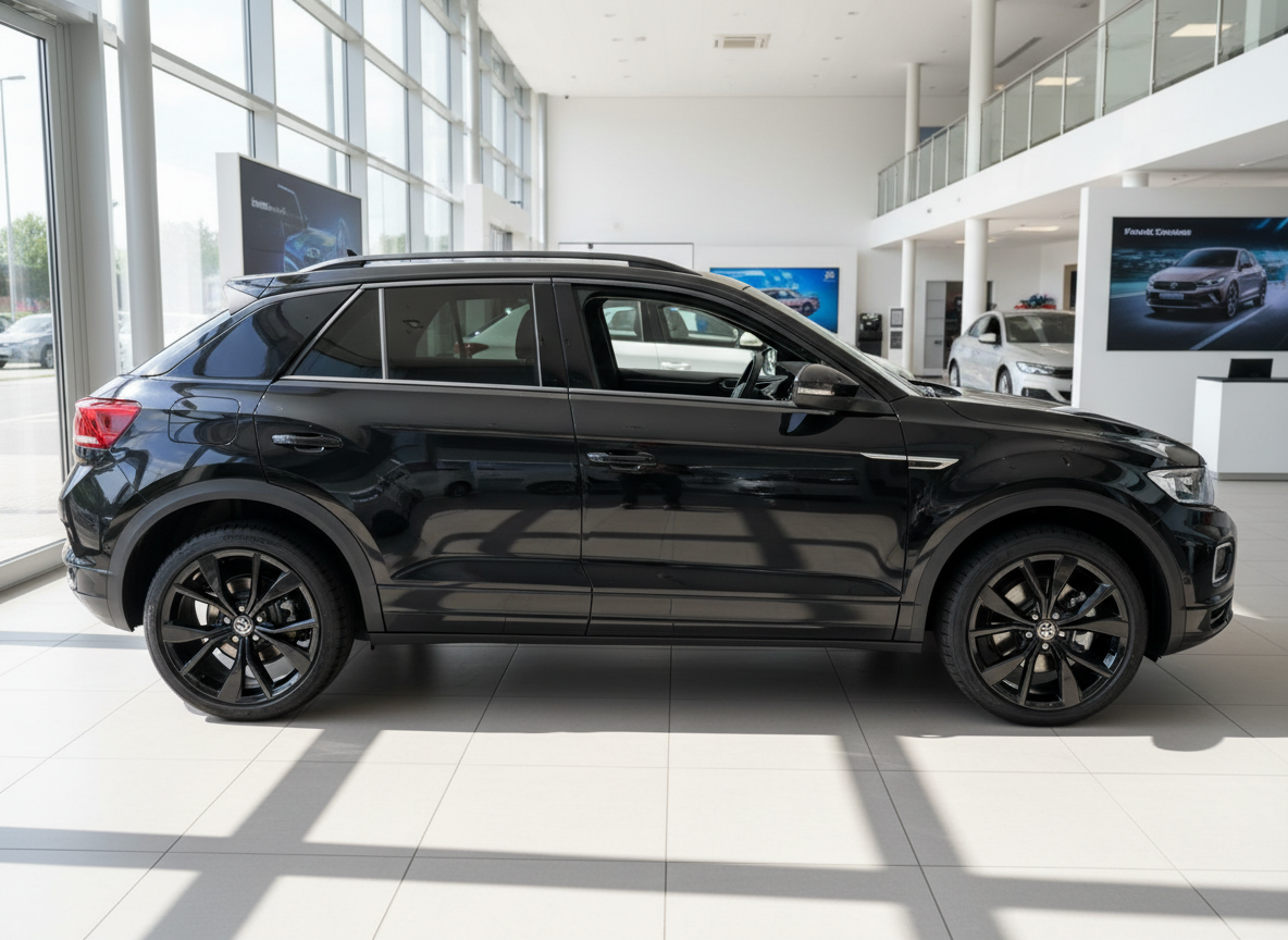 Schwarzer Volkswagen T-Roc SUV im Autohaus, Seitenansicht mit schwarzen Felgen