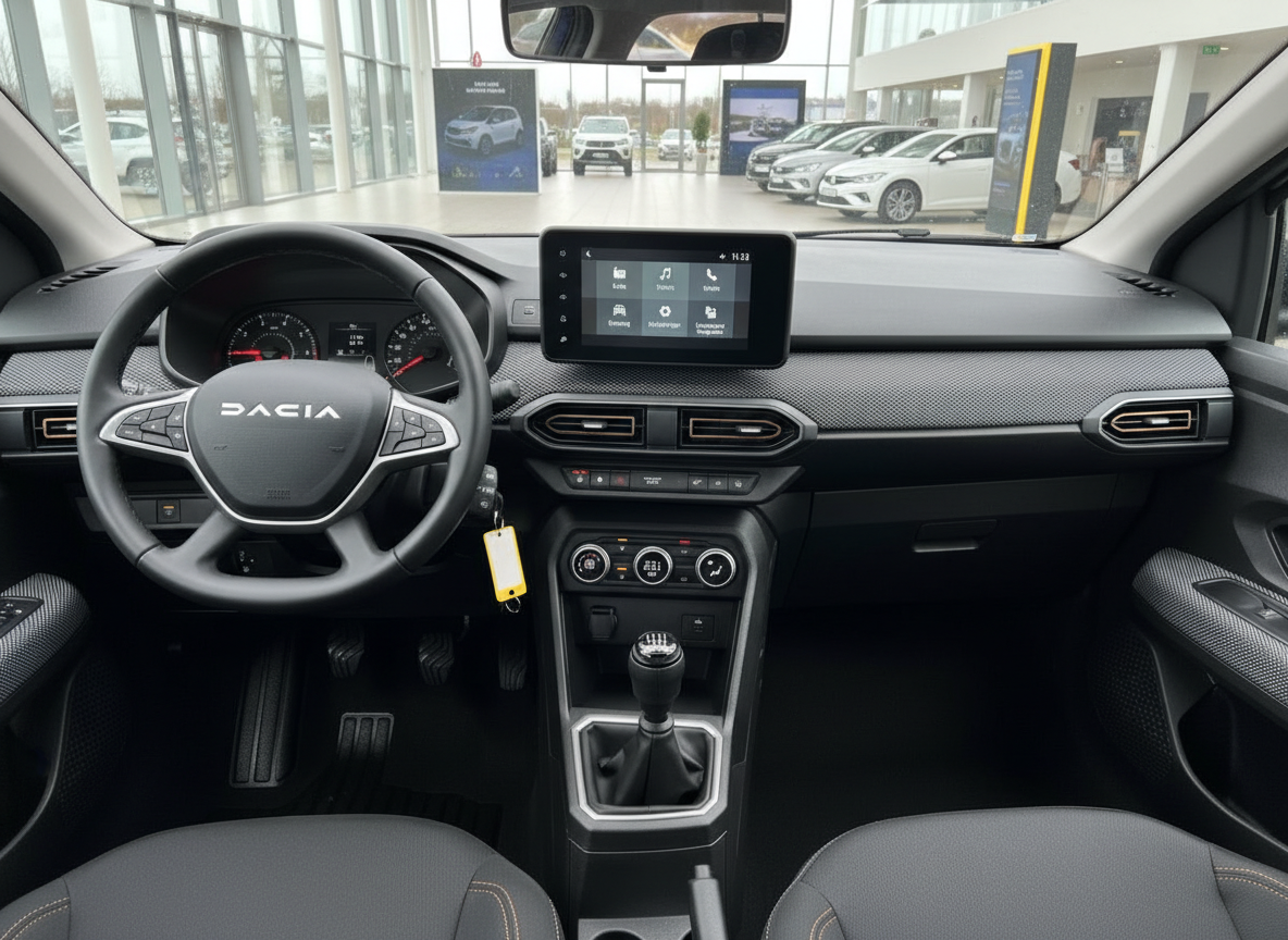 Dacia Sandero Innenraum Cockpit mit Lenkrad, Infotainment-Display und Schaltgetriebe im Autohaus