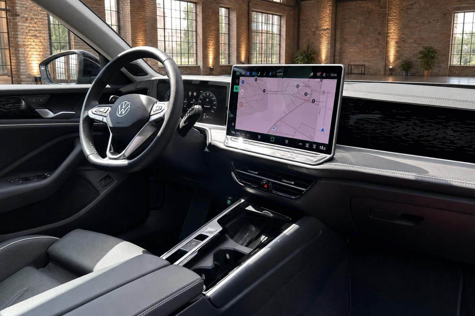 VW Cockpit mit Lenkrad und großem Touchscreen Navigationssystem