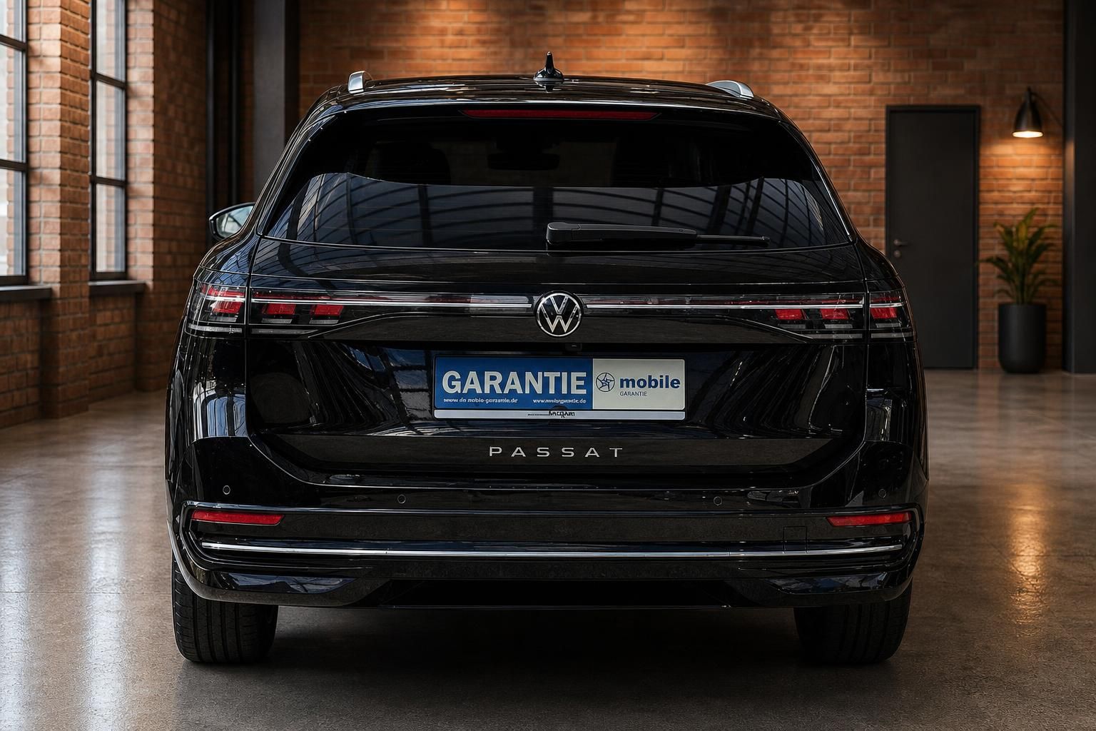 VW Passat Variant schwarz Heckansicht in Loft-Ausstellungsraum