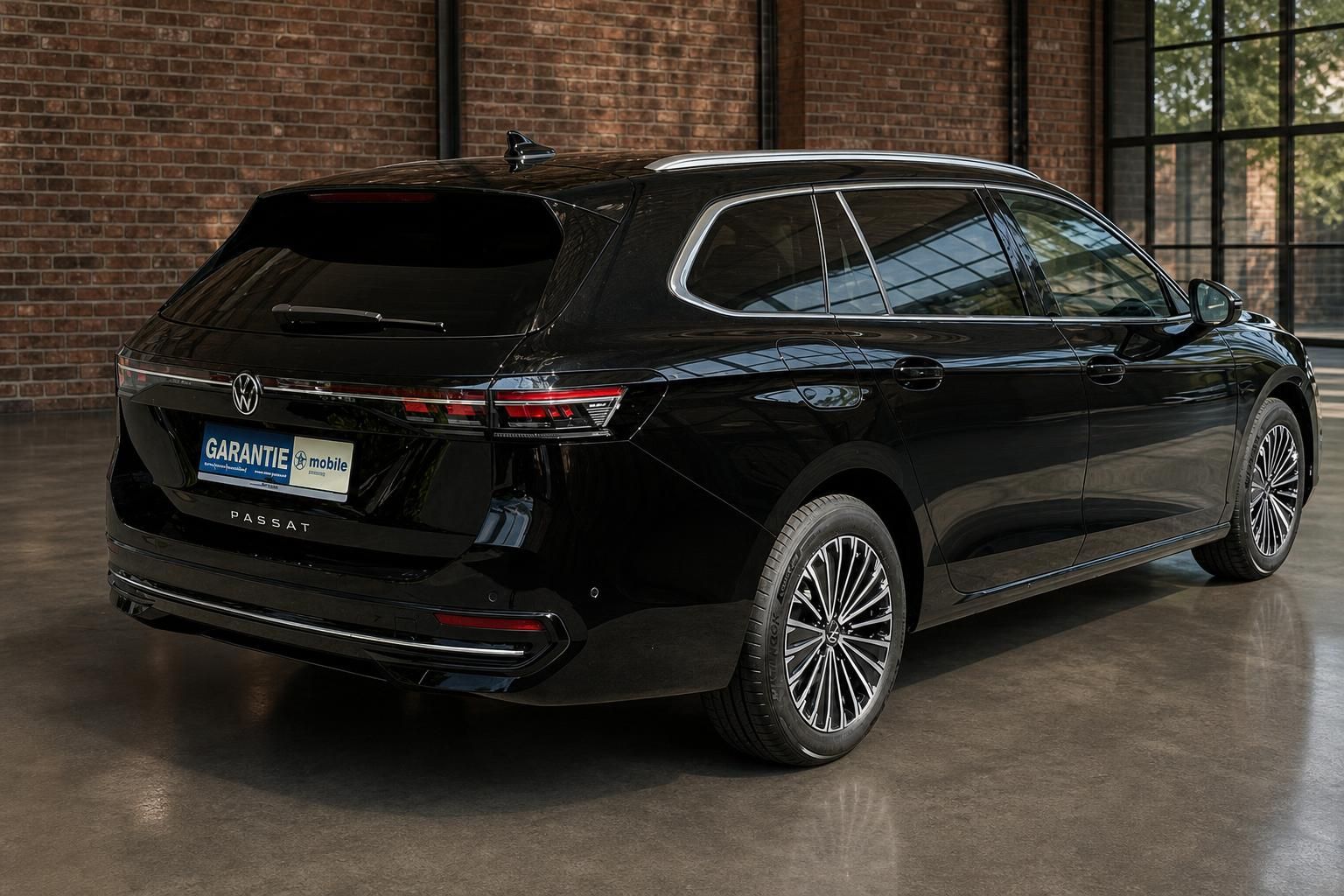 VW Passat Variant schwarz Heckansicht seitlich vor Backsteinwand