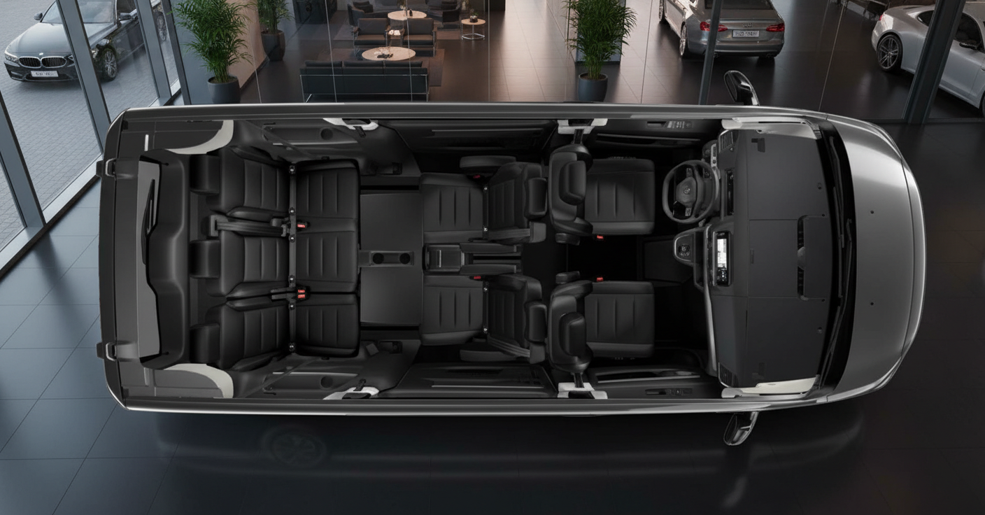 Volkswagen Multivan Innenraum Draufsicht mit 7 Sitzen in schwarzem Leder, flexibler Sitzanordnung und großzügigem Platzangebot im Autohaus