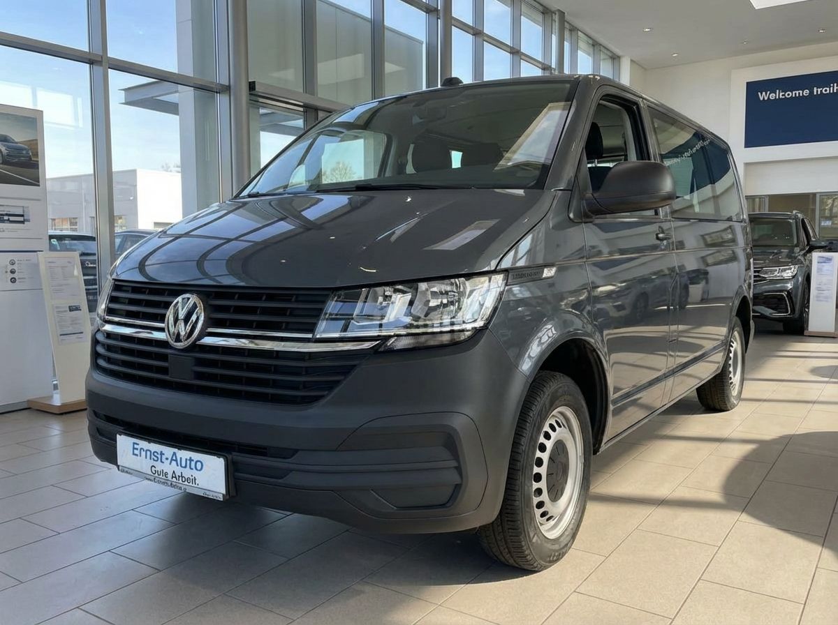 Volkswagen Transporter T6.1 grau in VW Autohaus Ernst-Auto Showroom Frontansicht