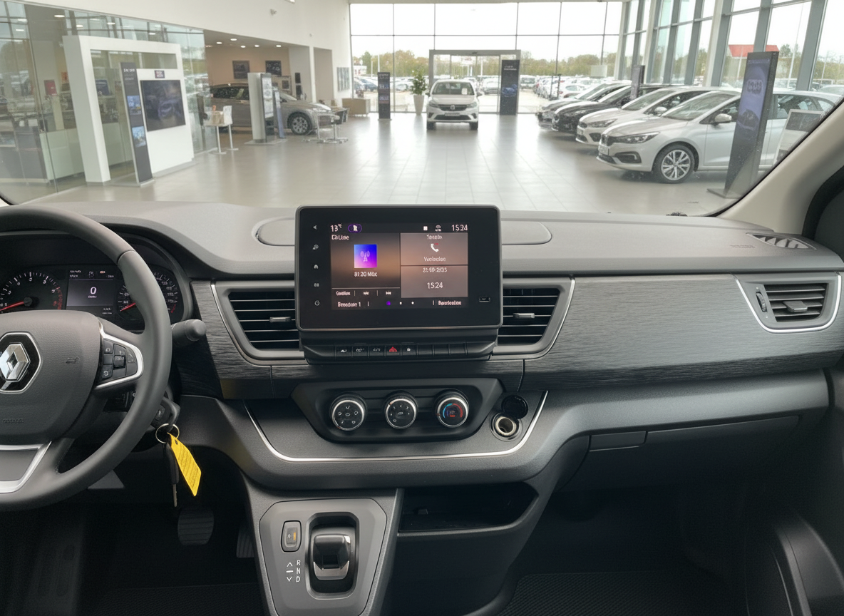 Renault Innenraum mit Touchscreen-Infotainment und Automatikgetriebe im Autohaus
