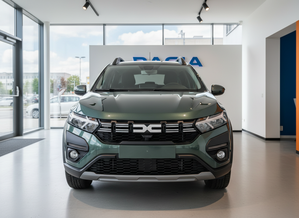 Dacia Sandero Stepway in Grün Frontansicht im Autohaus Showroom