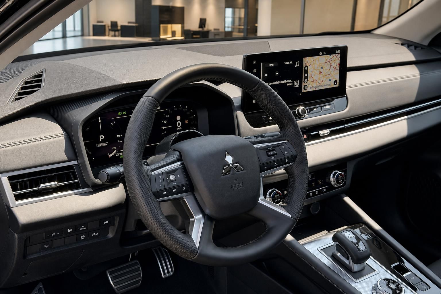 Mitsubishi Innenraum mit Lederlenkrad, Digitaltacho und Navigationssystem – Cockpit