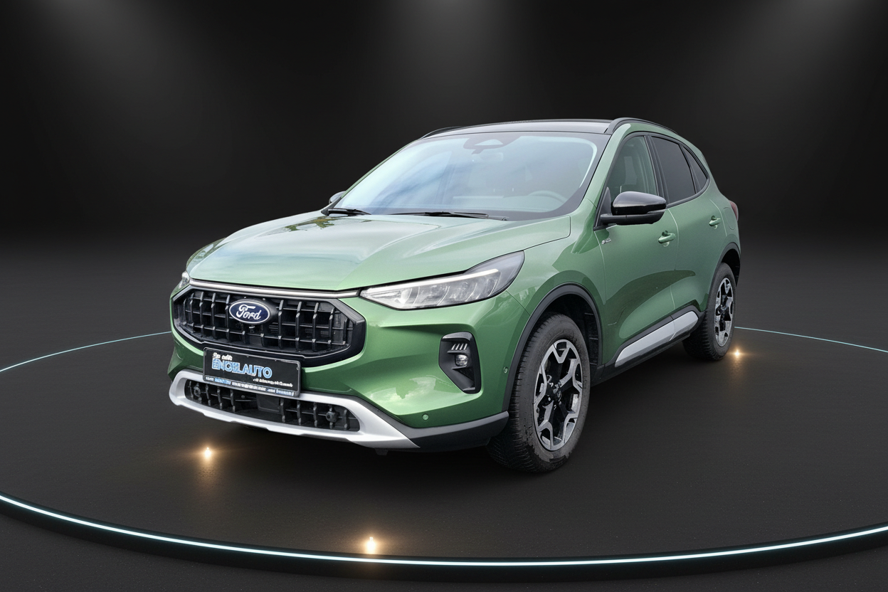 Grüner Ford Kuga Active SUV Neuwagen auf Präsentationsfläche im Showroom