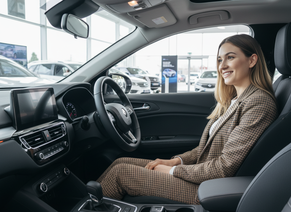 Frau sitzt lächelnd im Innenraum eines Renault beim Autohändler