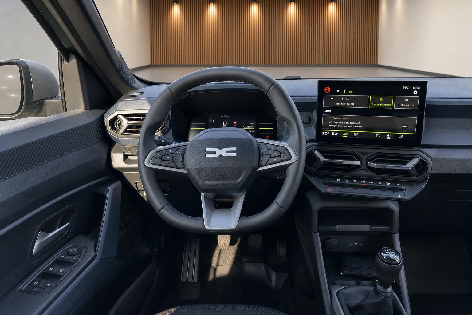 Modernes Fahrzeug-Cockpit mit Lenkrad, digitalem Armaturenbrett und Touchscreen-Display