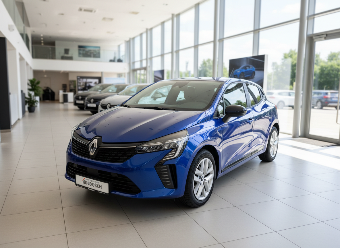 Blauer Renault Clio Kompaktwagen im Autohaus Wiebusch Showroom, Frontansicht