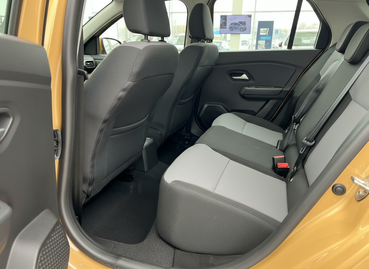 Rücksitzbank Dacia Sandero Innenraum grau-schwarze Stoffsitze mit orangefarbener Ziernaht