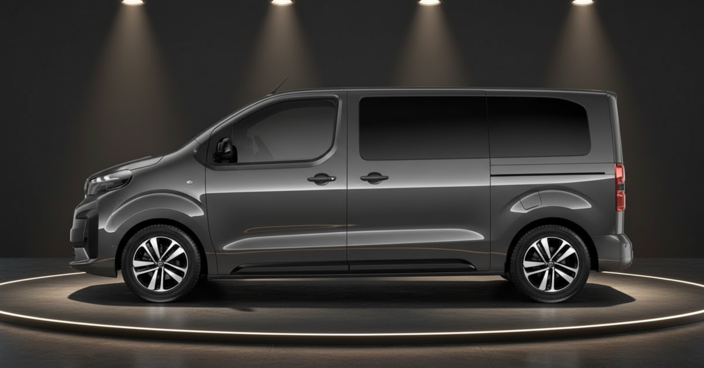 Toyota Proace Verso Kompaktvan in Dunkelgrau, Seitenansicht im Showroom