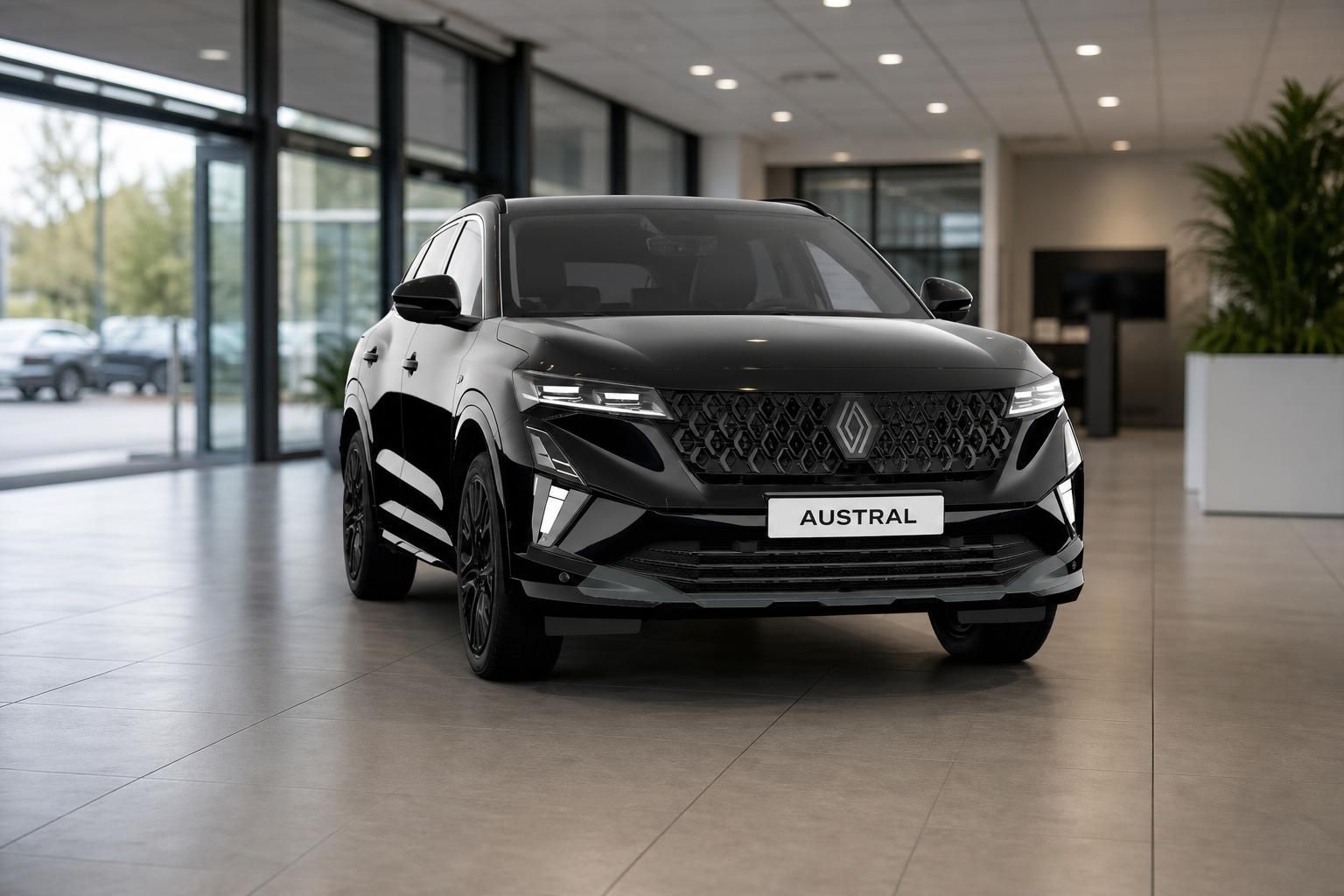 Renault Austral in Schwarz, Frontansicht im Autohaus-Showroom